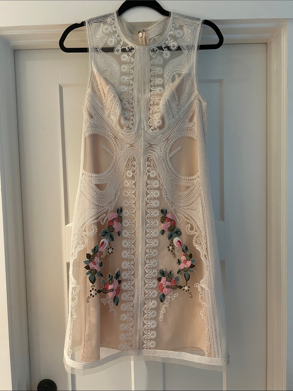 Sleeveless Cream Mini Dress with White Lace and Pink Floral Embroidery